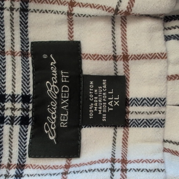 Eddie Bauer Mens XLT 100% Cotton Button Down Shirt Plaid Flannel Cream Western - Picture 7 of 7